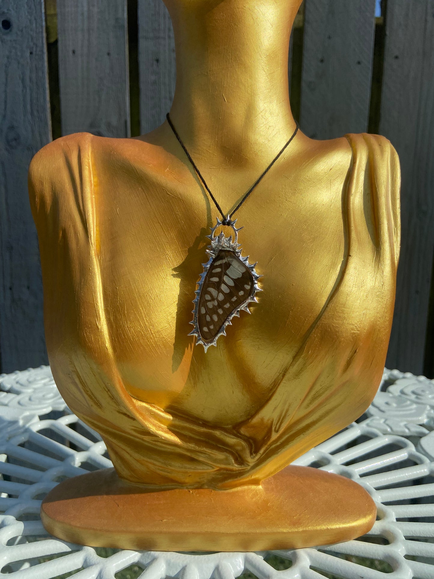 Handmade OOAK Real Ethically Sourced Butterfly Wing (Common Jay) Spiky Metal Soft Soldered Pendant