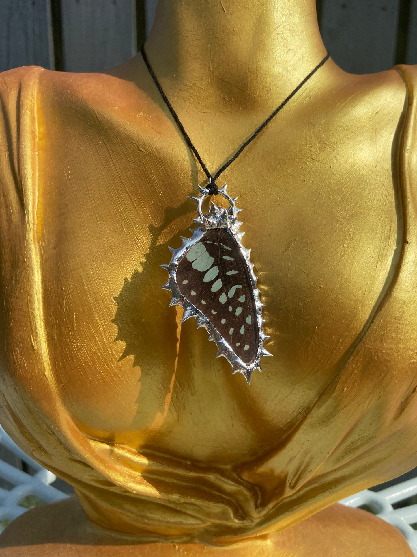 Handmade OOAK Real Ethically Sourced Butterfly Wing (Common Jay) Spiky Metal Soft Soldered Pendant