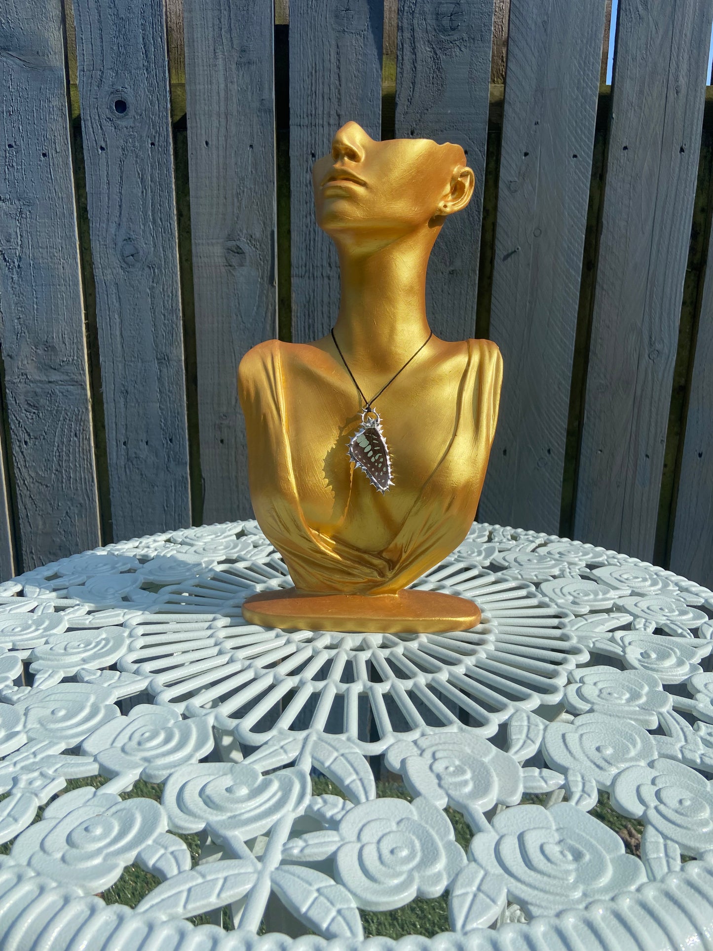 Handmade OOAK Real Ethically Sourced Butterfly Wing (Common Jay) Spiky Metal Soft Soldered Pendant