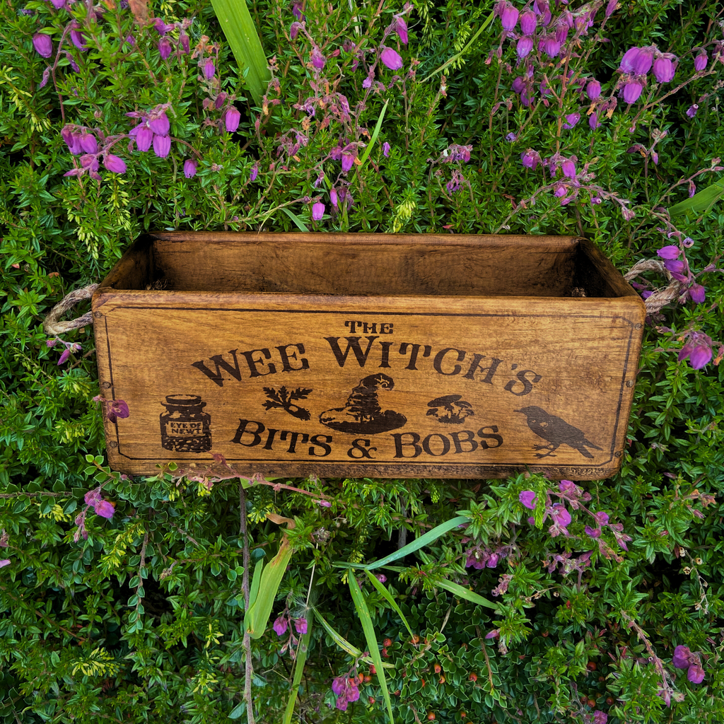 Wee Witch's Bits and Bobs handmade wooden storage box, lifestyle view