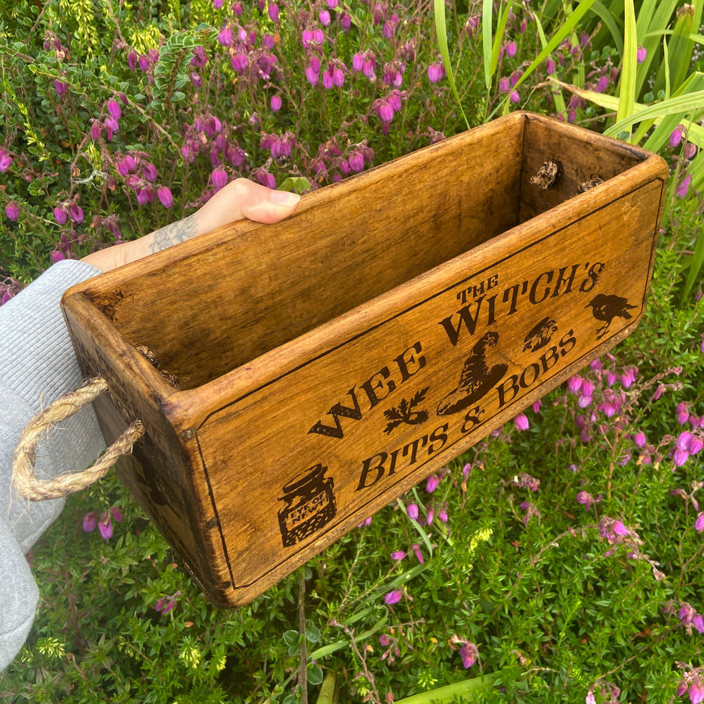 Wee Witch's Bits and Bobs handmade wooden storage box, detail view