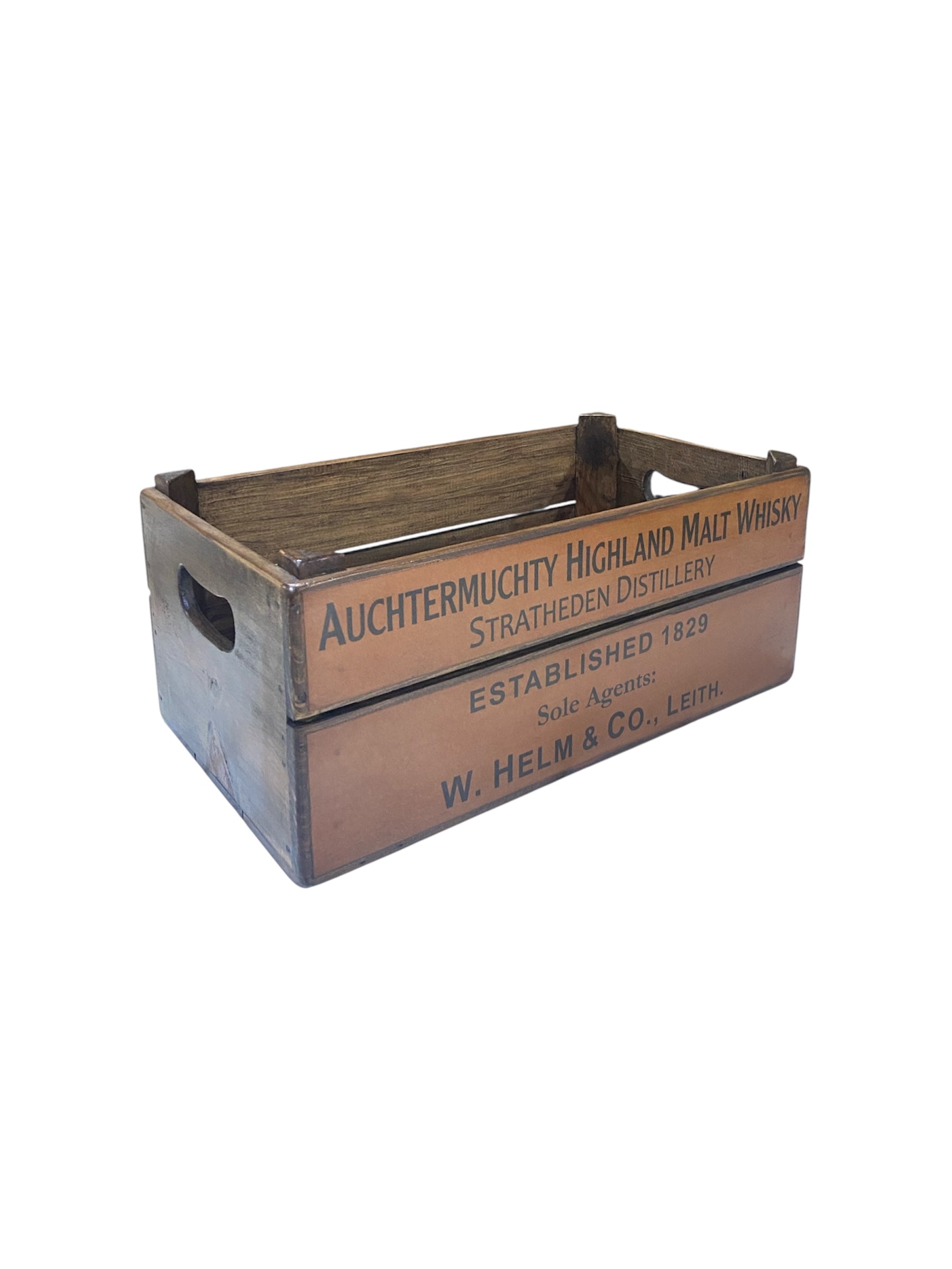 Auchtermuchty Whisky colour print wooden storage box in pine, XL size