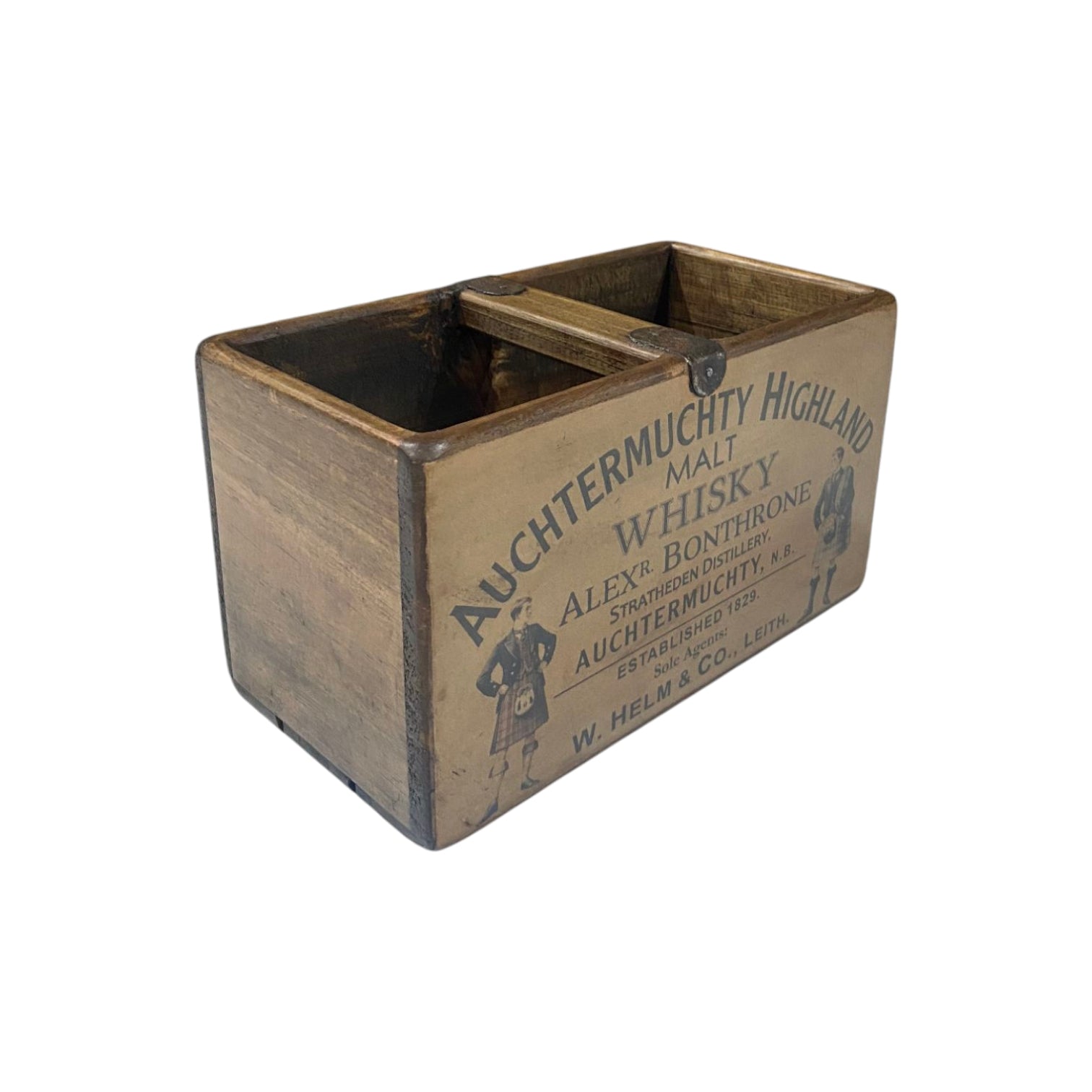 Auchtermuchty Whisky colour print small wooden storage box, angled view