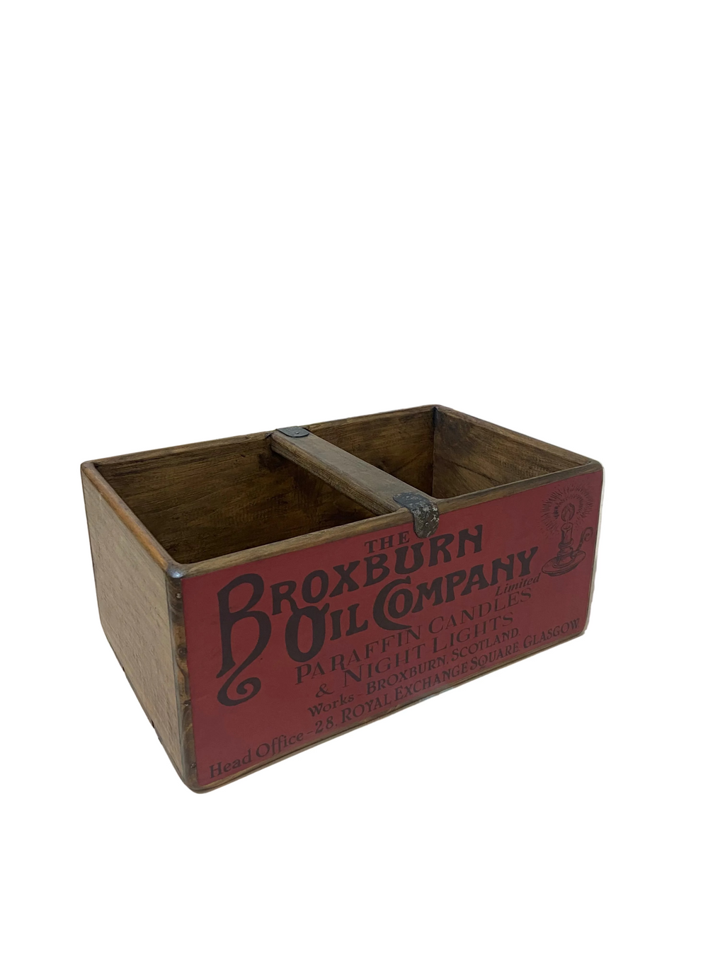 Broxburn Oil Co. colour print large wooden storage box, angled view