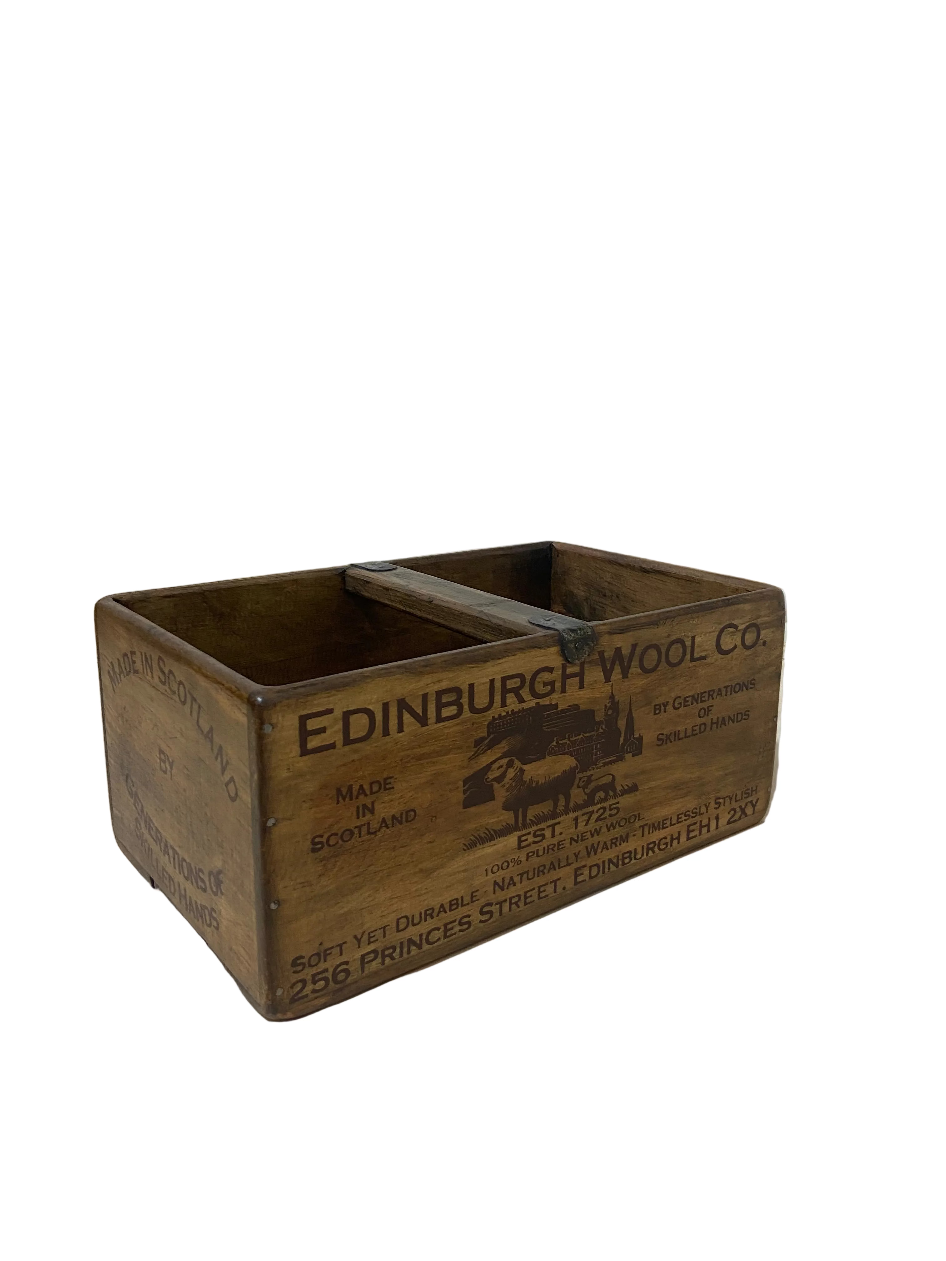 Edinburgh Wool Co. hand-stencilled large wooden storage box, angled view