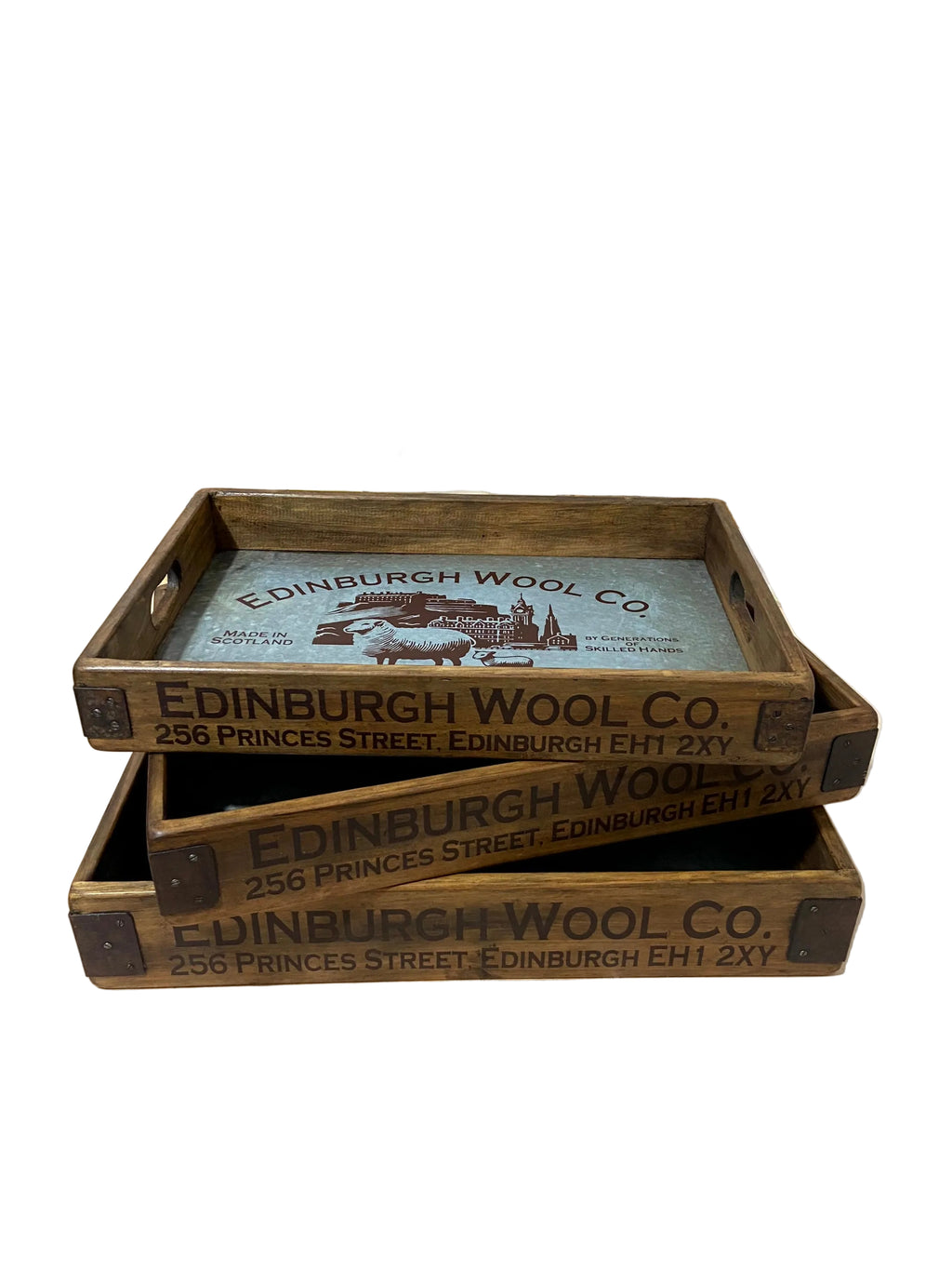 Zinc-lined wooden nesting tray with Edinburgh Wool stencil design, medium