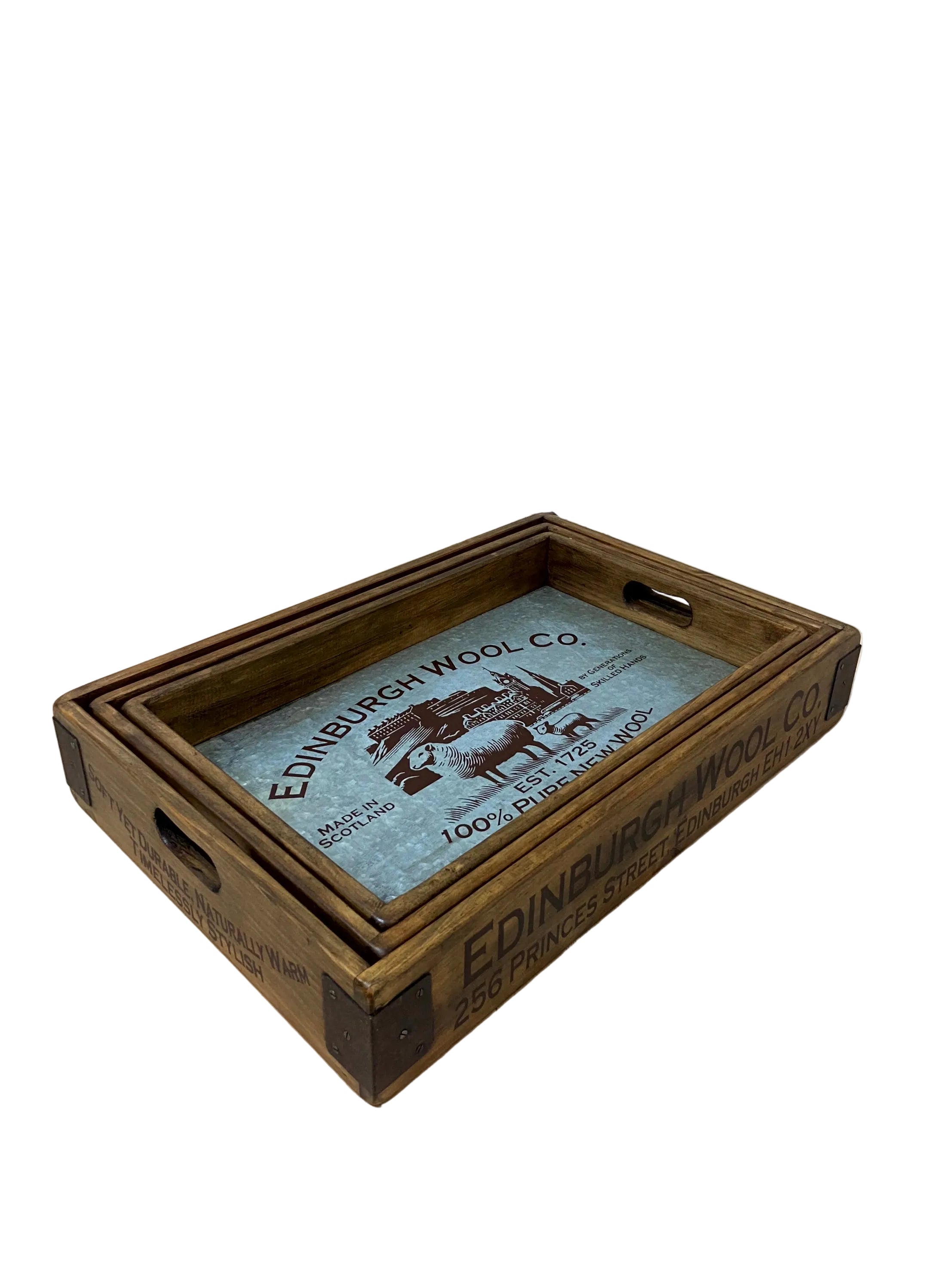 Zinc-lined wooden nesting trays with vintage Edinburgh Wool stencil design, small