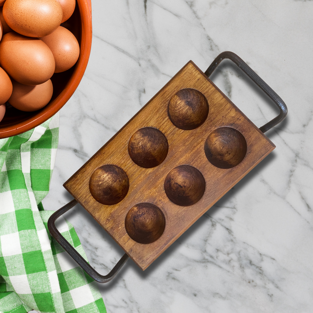Farm Fresh Eggs six-hole wooden egg tray with steel handle
