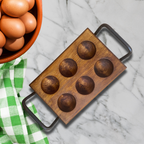 Farm Fresh Eggs six-hole wooden egg tray with steel handle