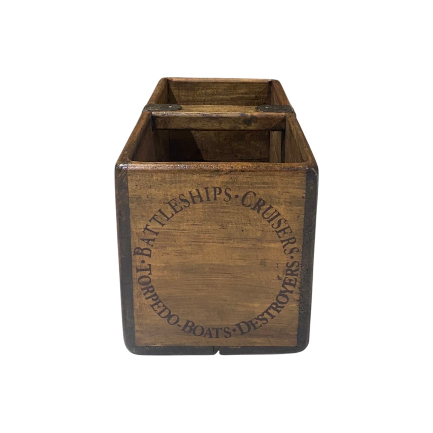 John Brown hand-stencilled small wooden storage box, angled view