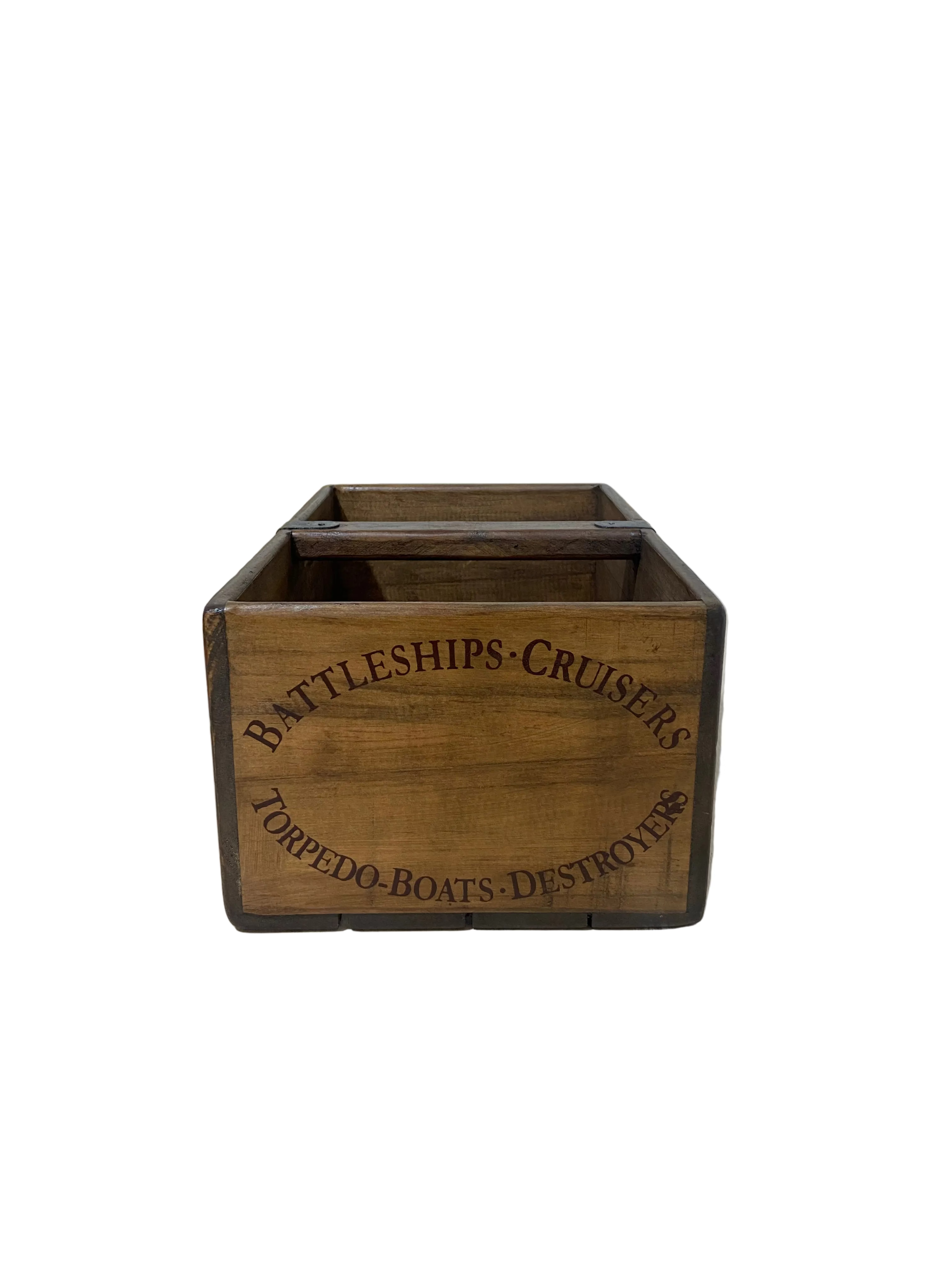 John Brown hand-stencilled large wooden storage box, angled view