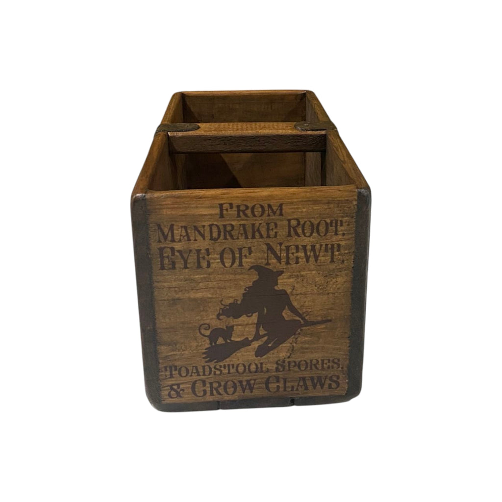 Wee Witch's Bits and Bobs hand-stencilled small wooden storage box, angled view
