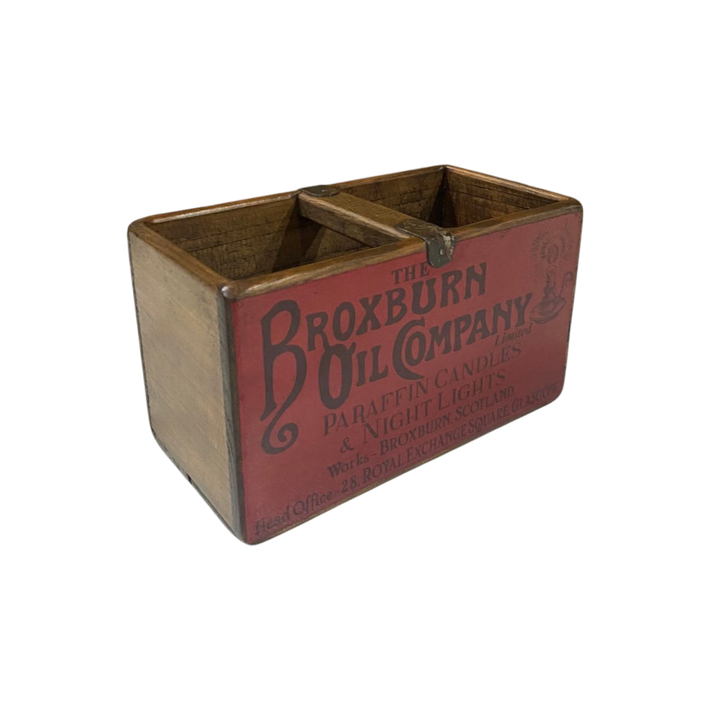 Broxburn Oil Co. colour print small wooden storage box, angled view