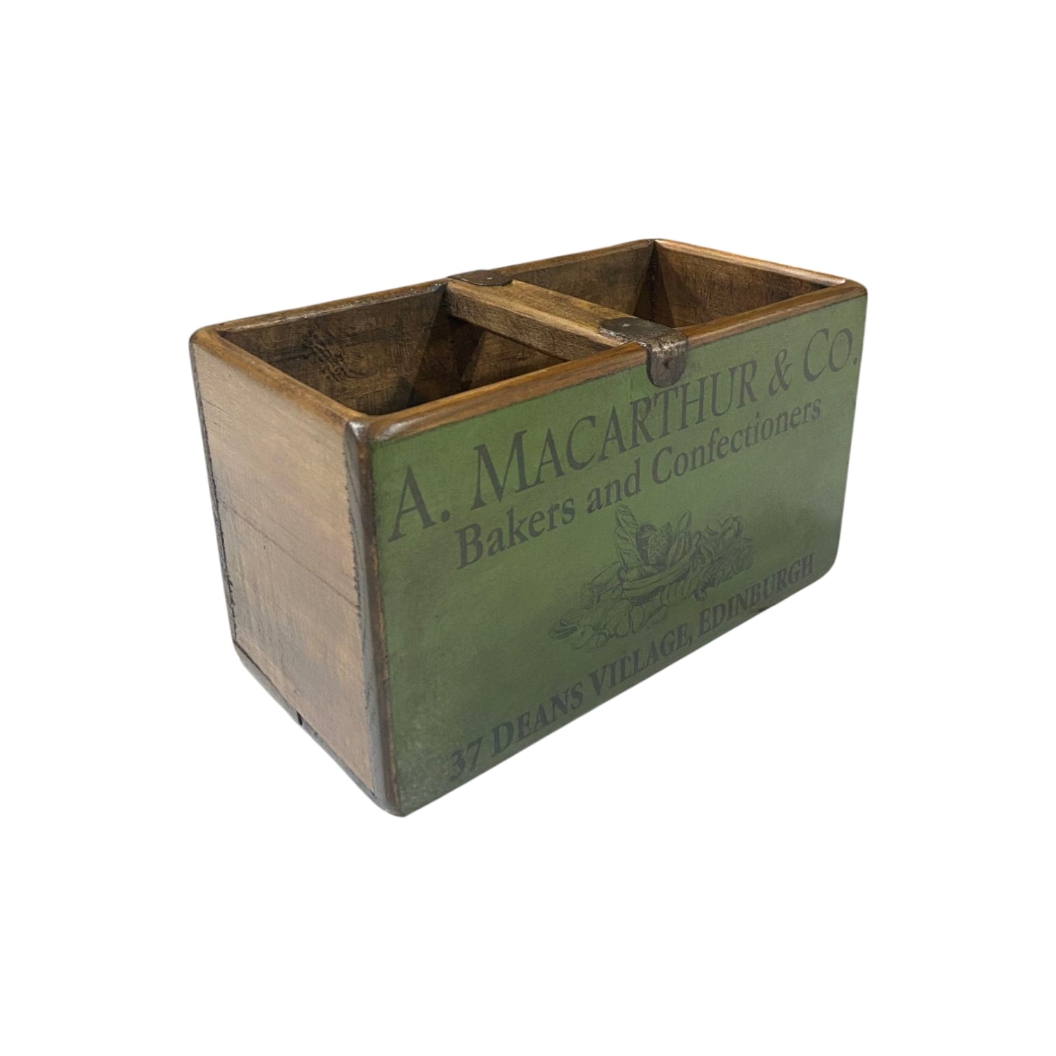 Vintage wooden box with branding on a white background