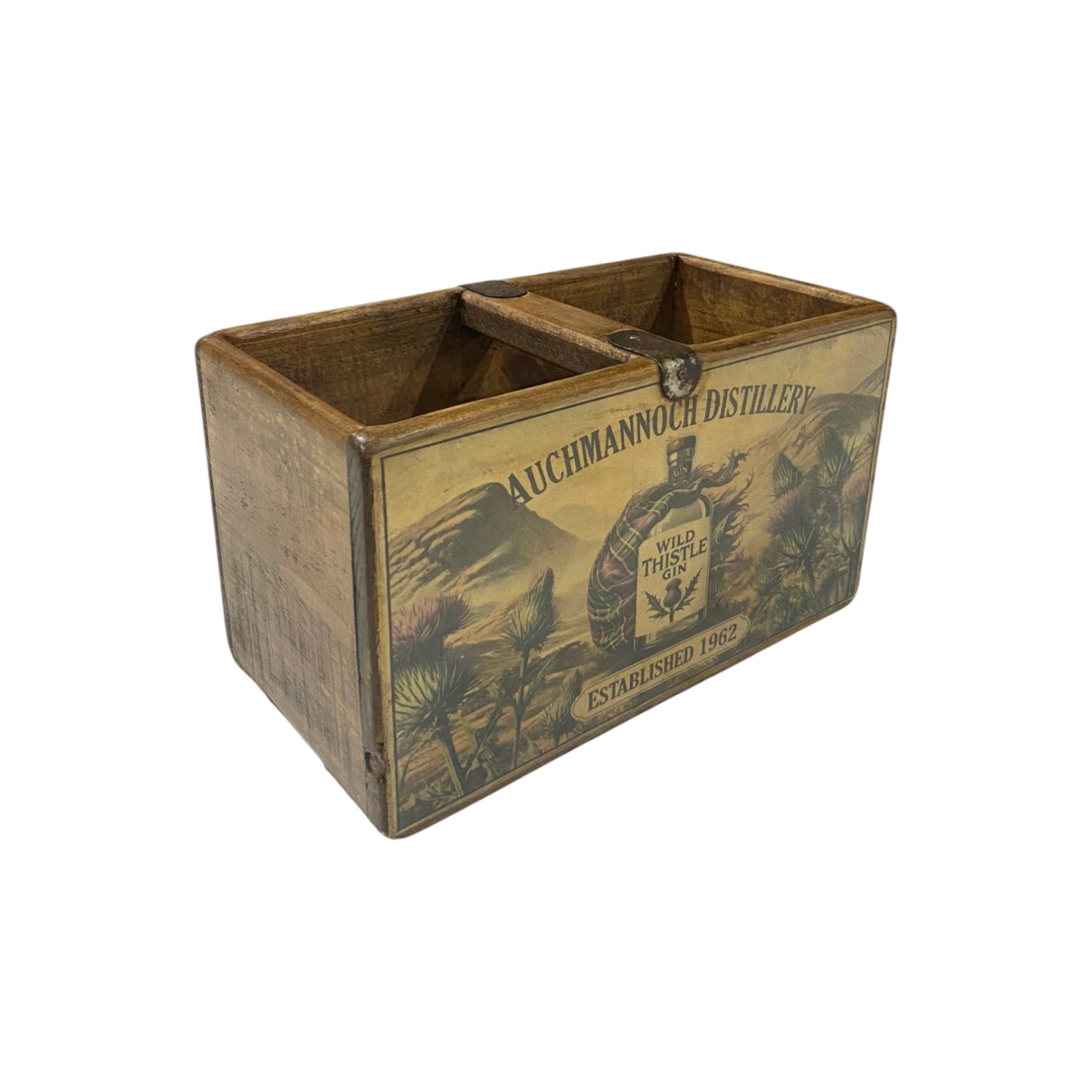 Wild Thistle Gin colour print small wooden storage box, angled view