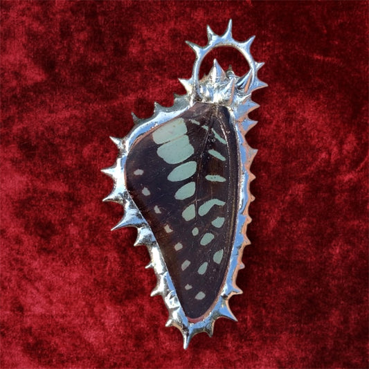 Handmade OOAK Real Ethically Sourced Butterfly Wing (Common Jay) Spiky Metal Soft Soldered Pendant