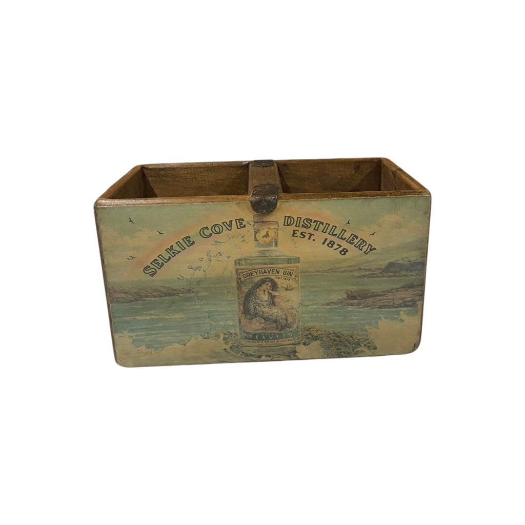 Selkie Gin colour print wooden storage box in pine, small size