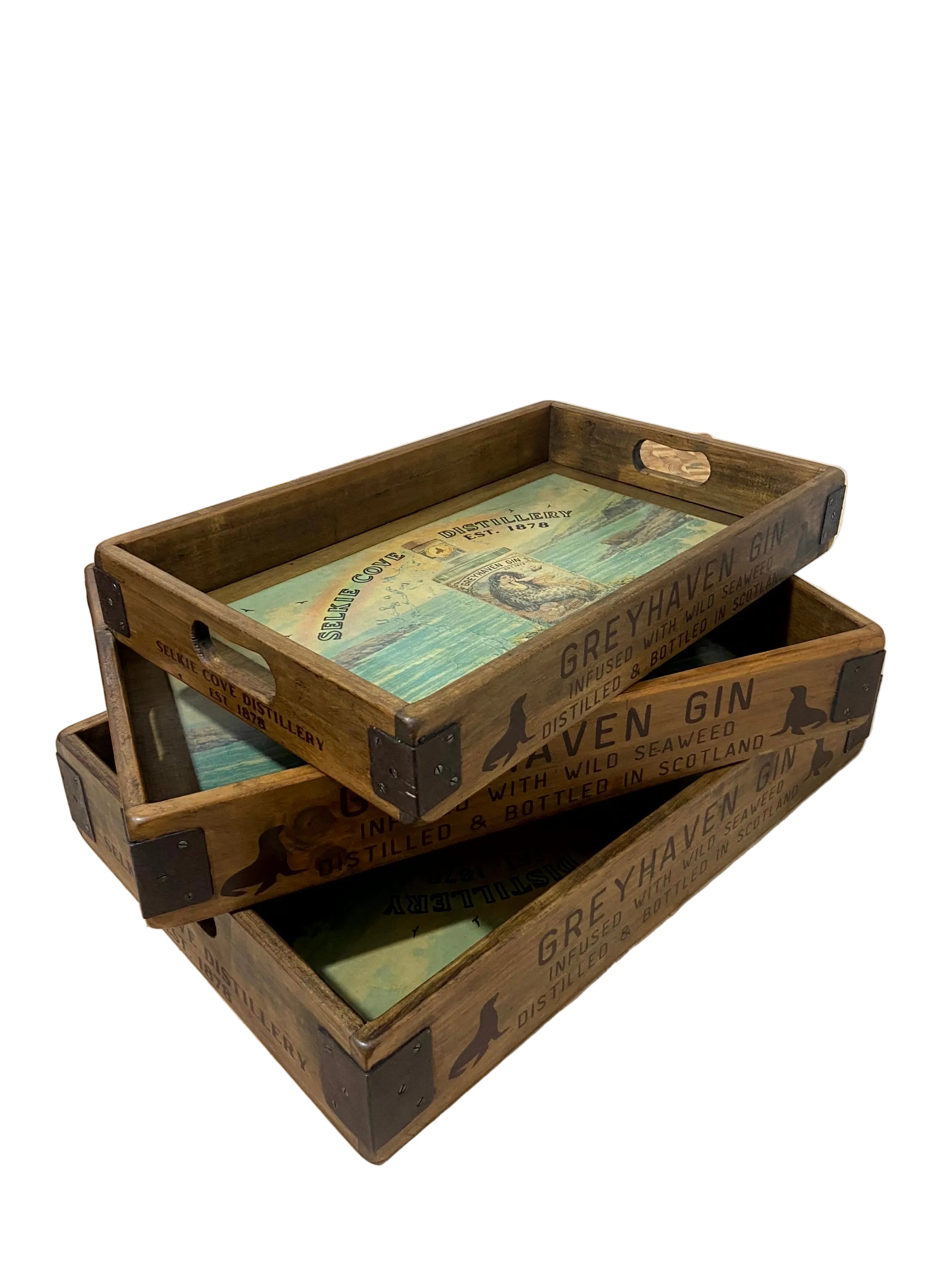 Handmade wooden nesting serving trays with vintage Selkie Gin design