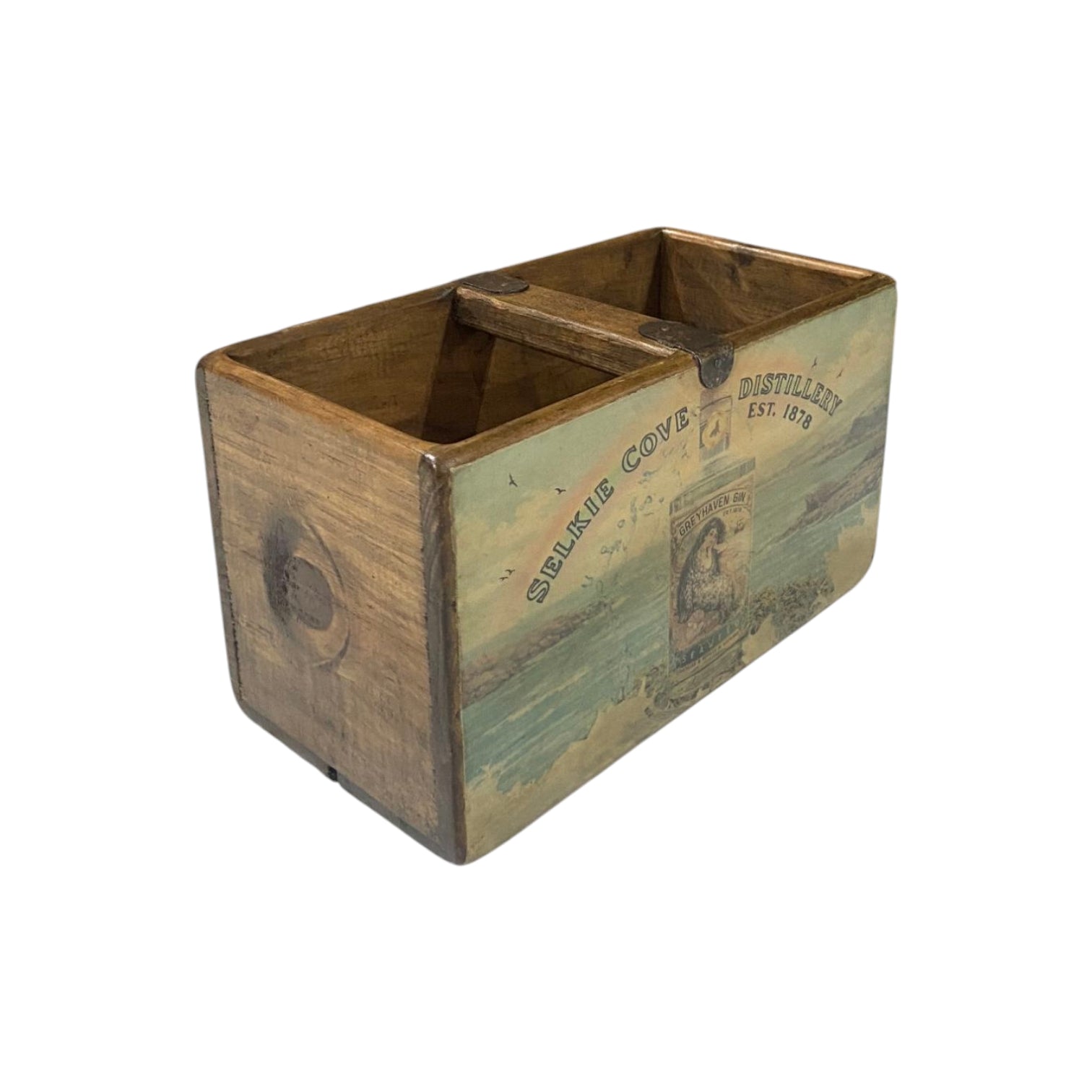 Selkie Gin colour print small wooden storage box, angled view
