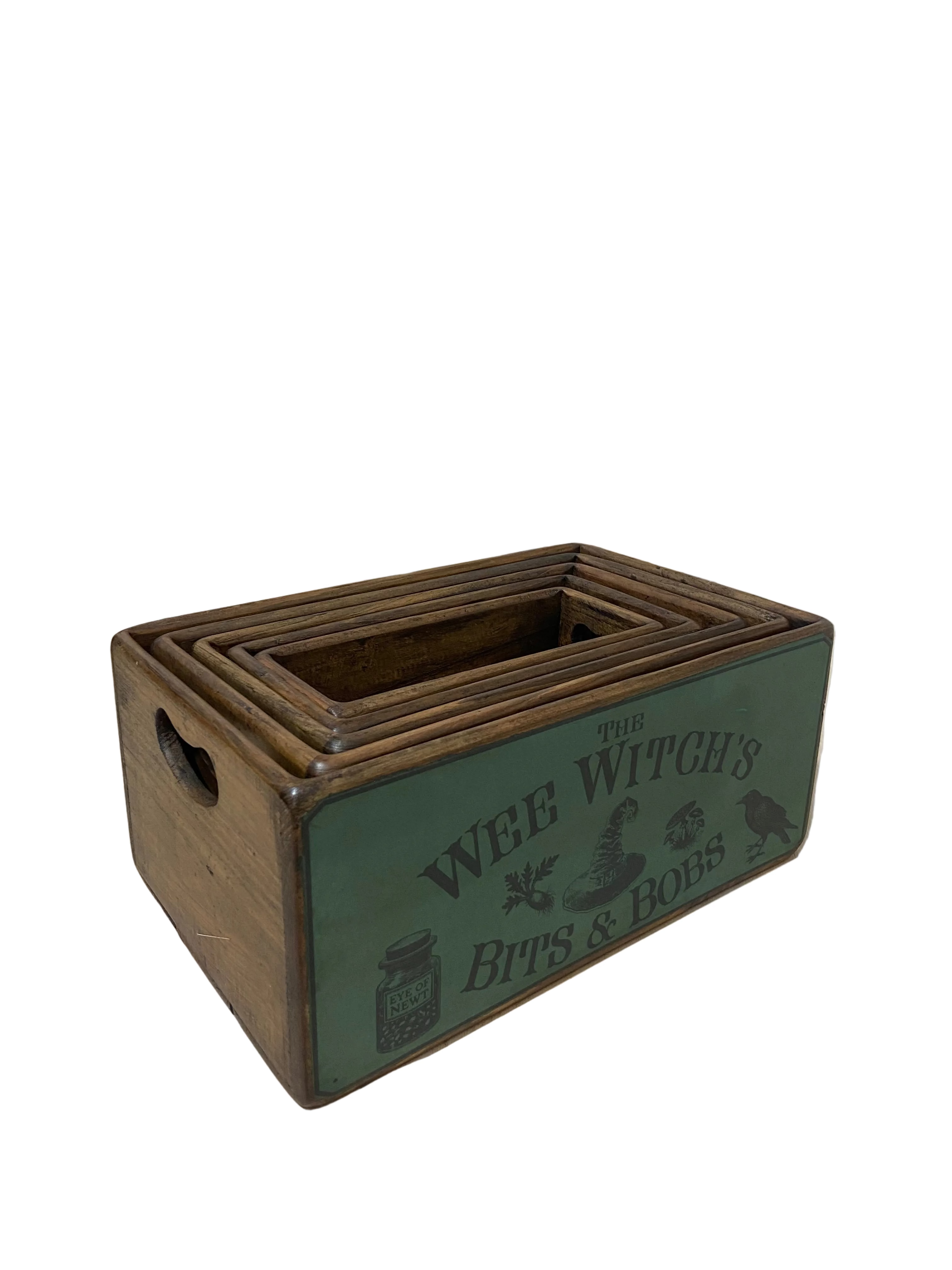 Wee Witch's Bits and Bobs wooden nesting box, front view