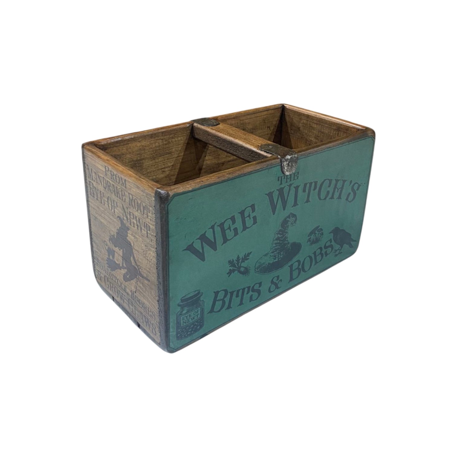 Wee Witch's Bits and Bobs colour print small wooden storage box, angled view