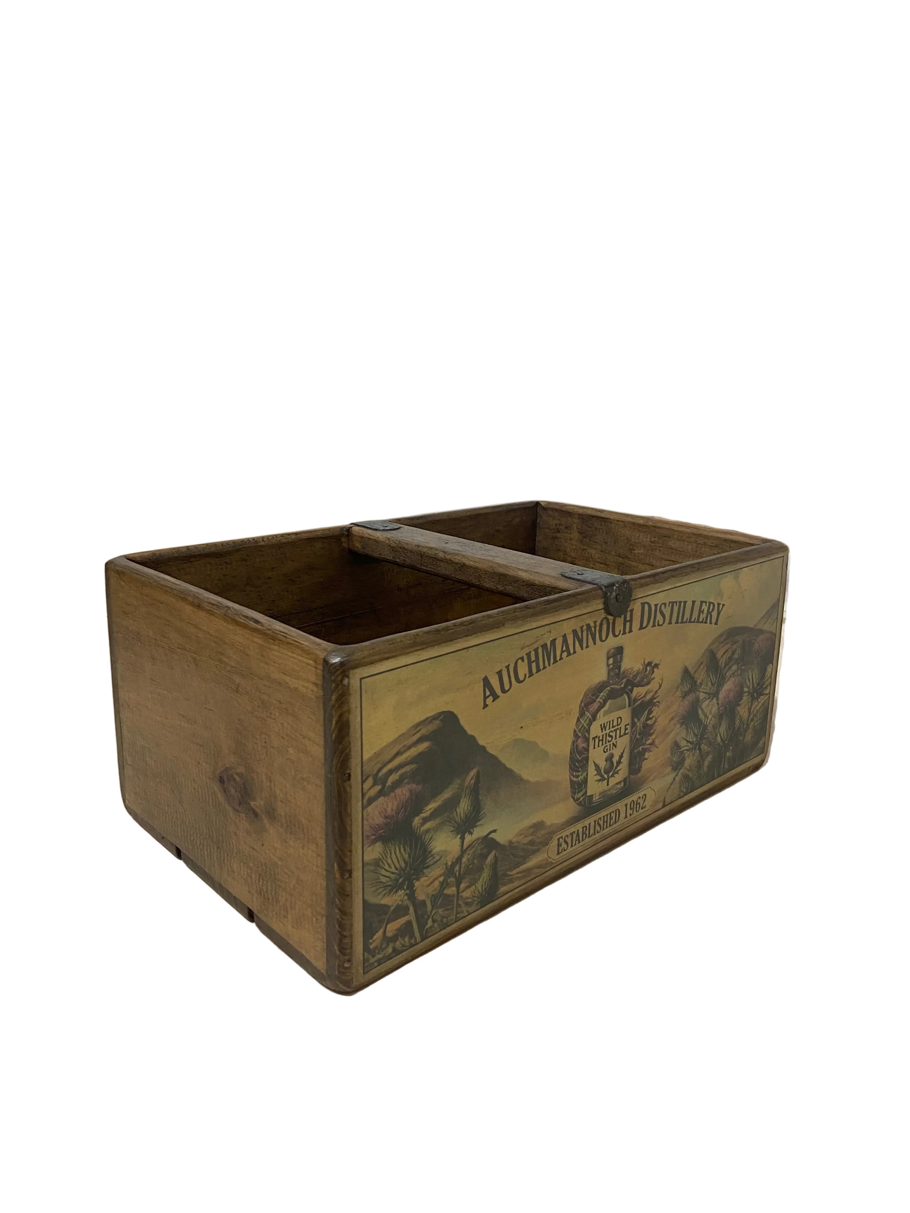 Wild Thistle Gin colour print wooden storage box in pine, large size