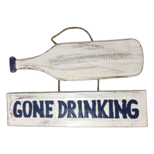 'Gone Drinking' handmade Bali hanging wooden sign with rope hanger
