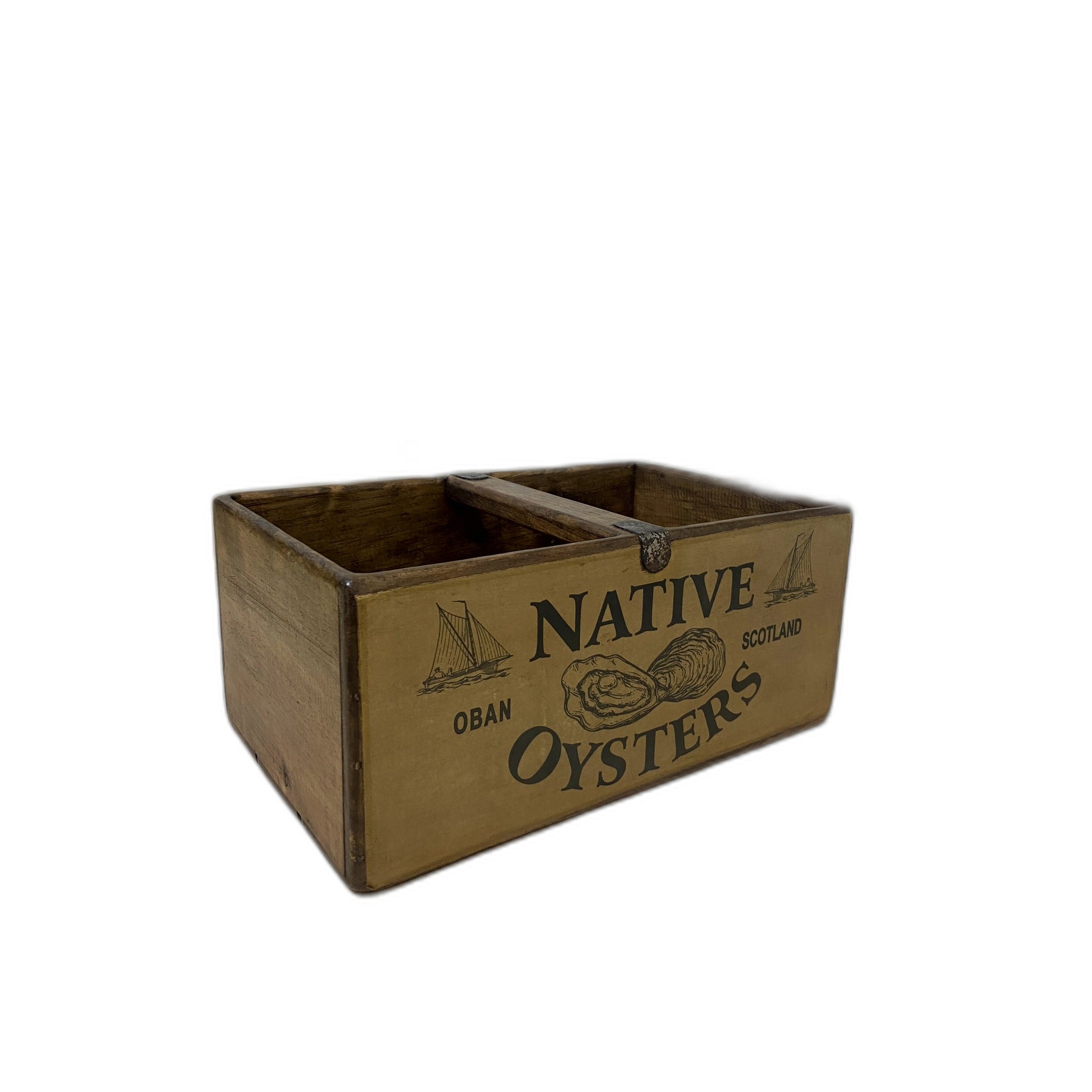Native Oyster colour print large wooden storage box, angled view