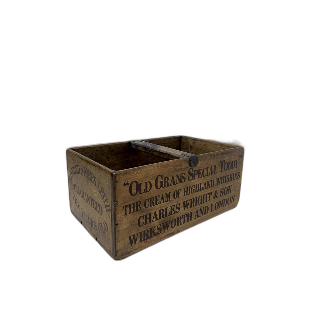 Old Grans Special Toddy hand-stencilled large wooden storage box, angled view