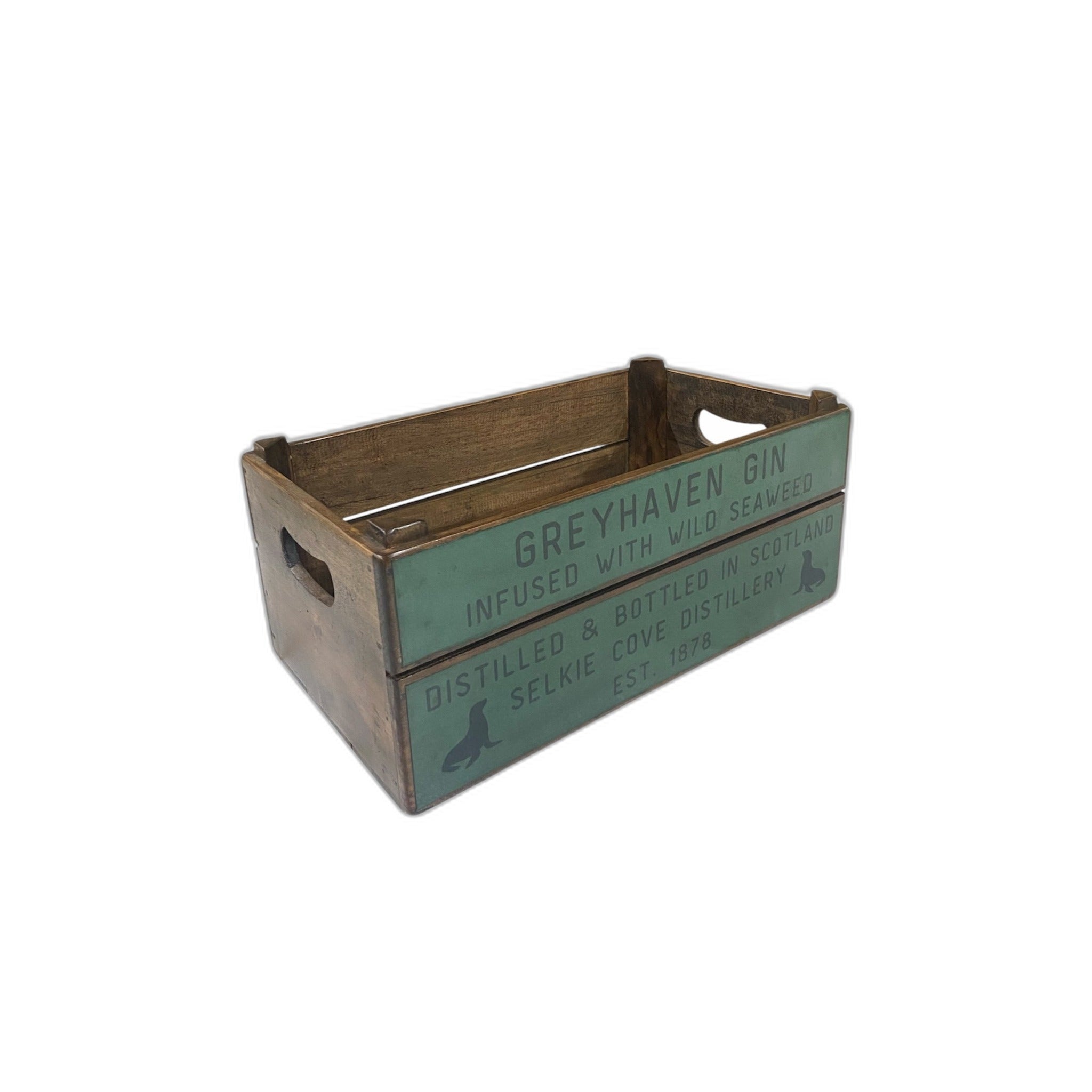 Selkie Gin colour print wooden storage box in pine, XL size