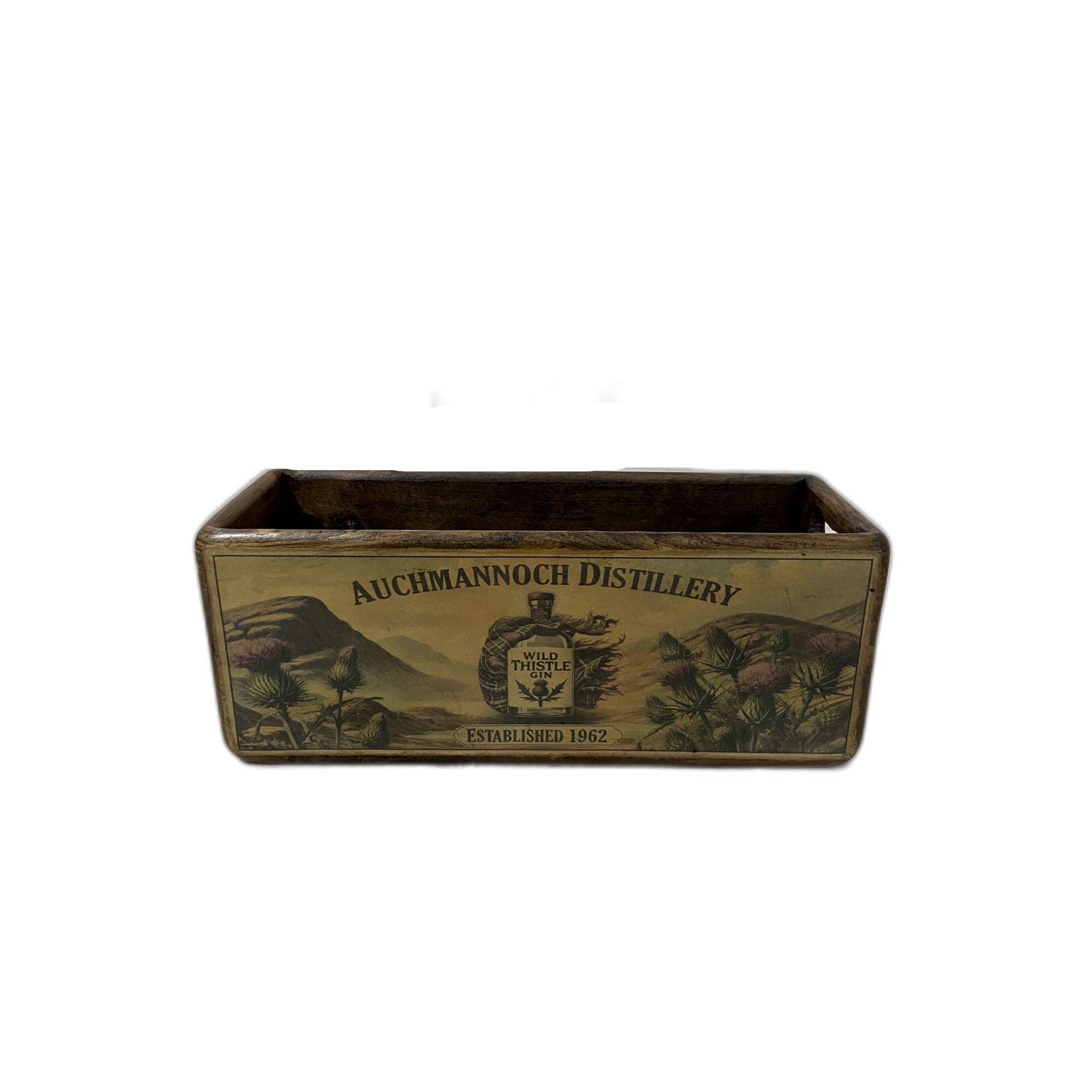 Wild Thistle Gin colour print wooden storage box in sustainably sourced pine