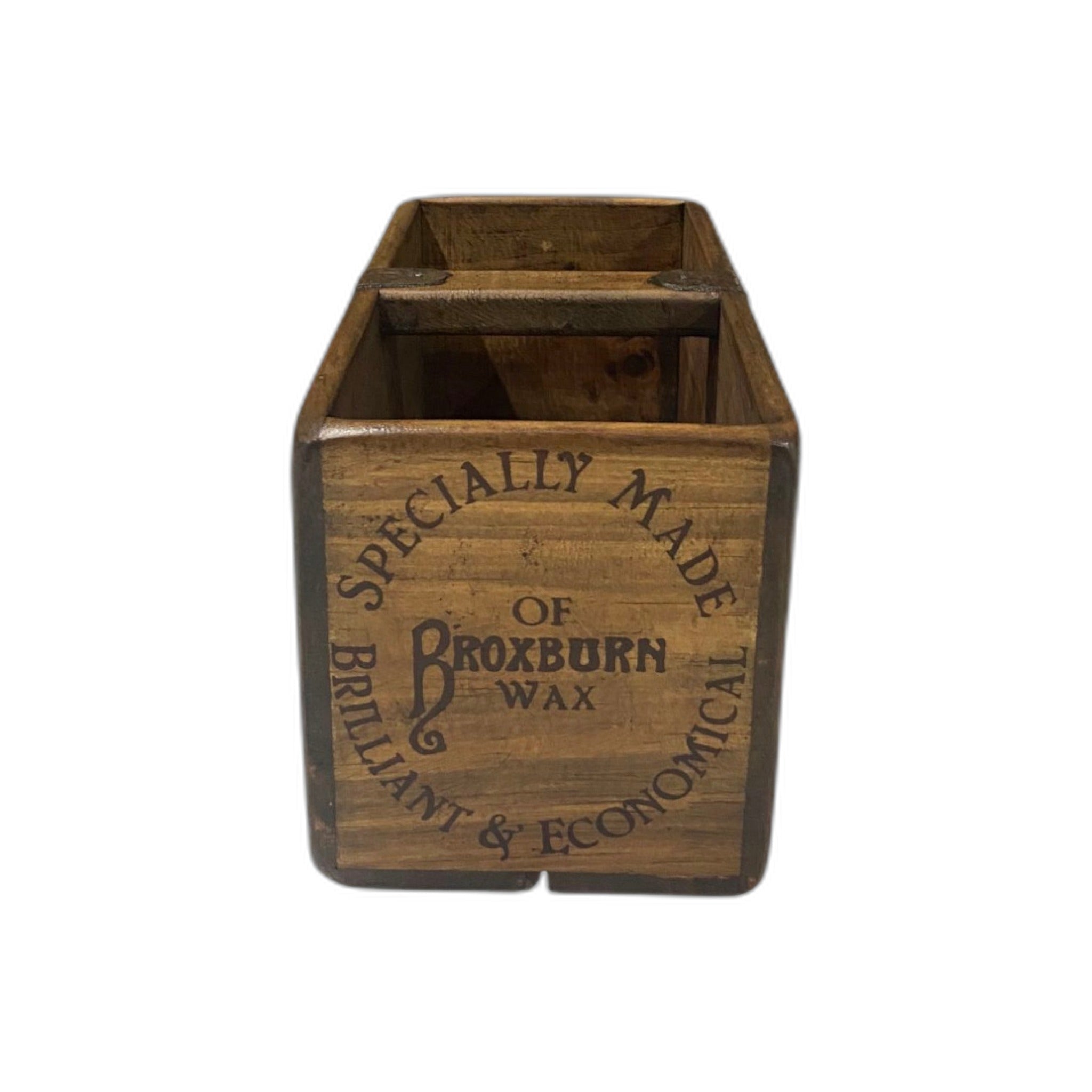 Broxburn Oil Co. hand-stencilled large wooden storage box, angled view