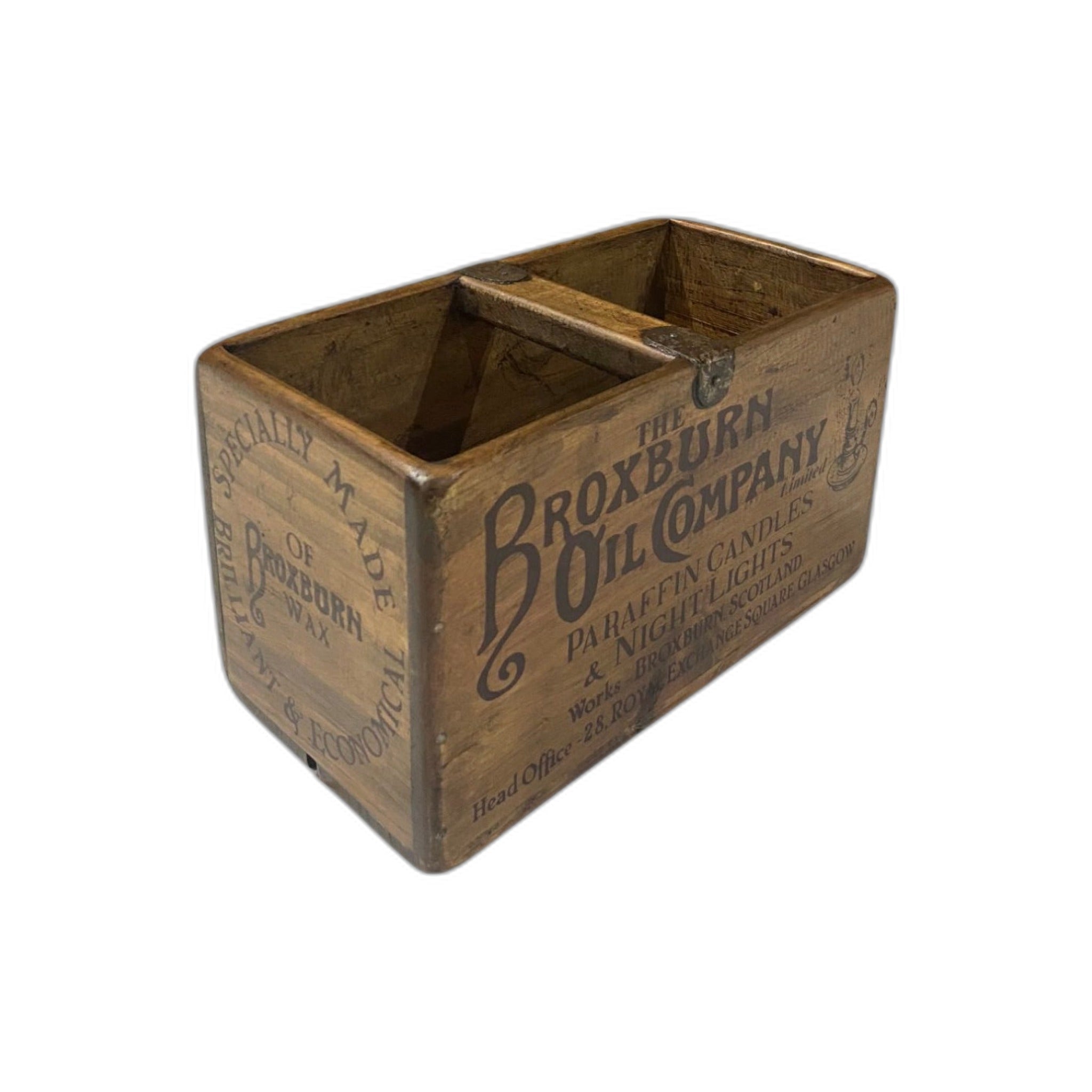 Broxburn Oil Co. hand-stencilled wooden storage box in sustainably sourced pine