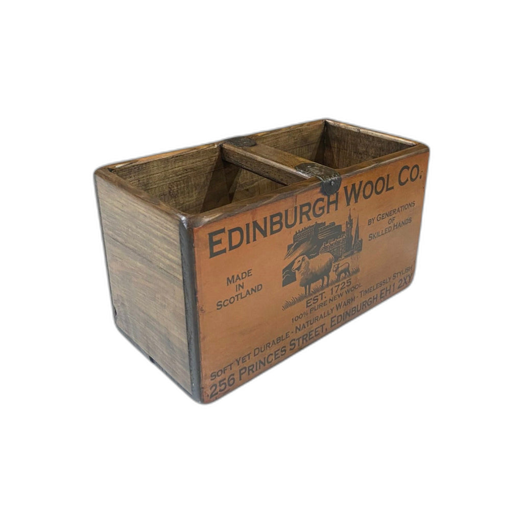 Edinburgh Wool Co. colour print small wooden storage box, angled view