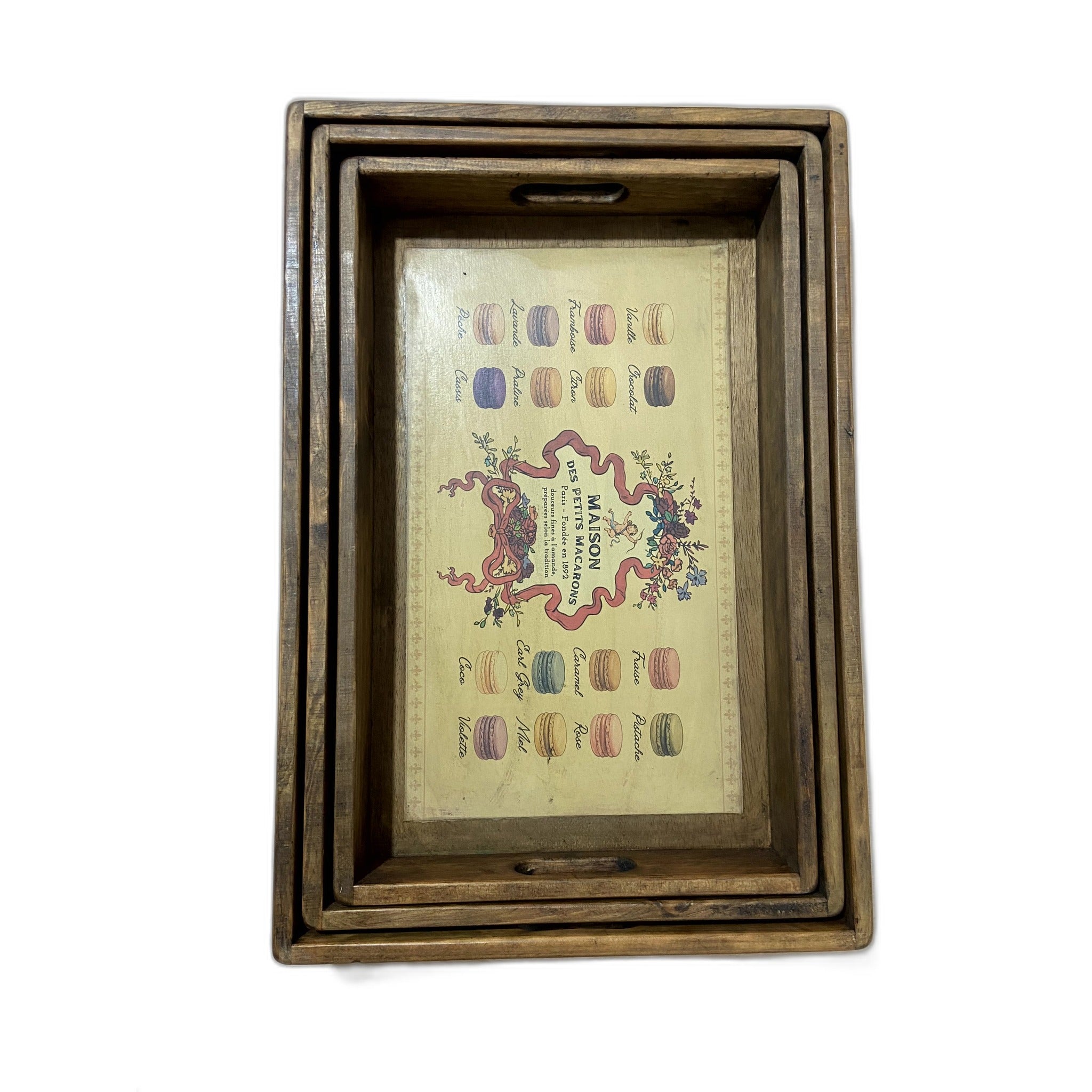 Handmade wooden nesting serving trays with vintage Macaron design