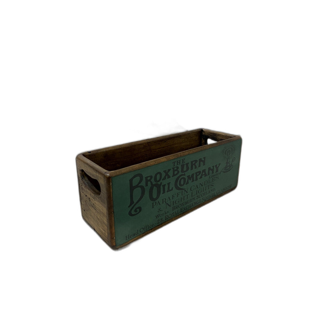 Broxburn Oil Co. colour print XS wooden storage box, angled view