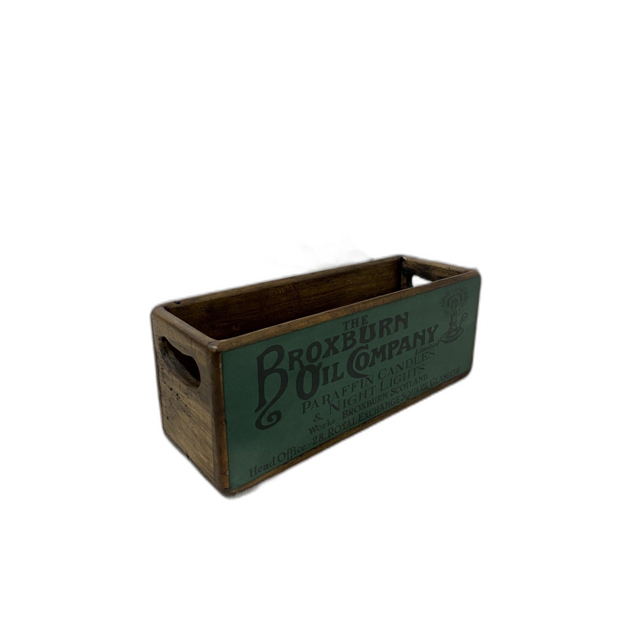Broxburn Oil Co. colour print XS wooden storage box, angled view