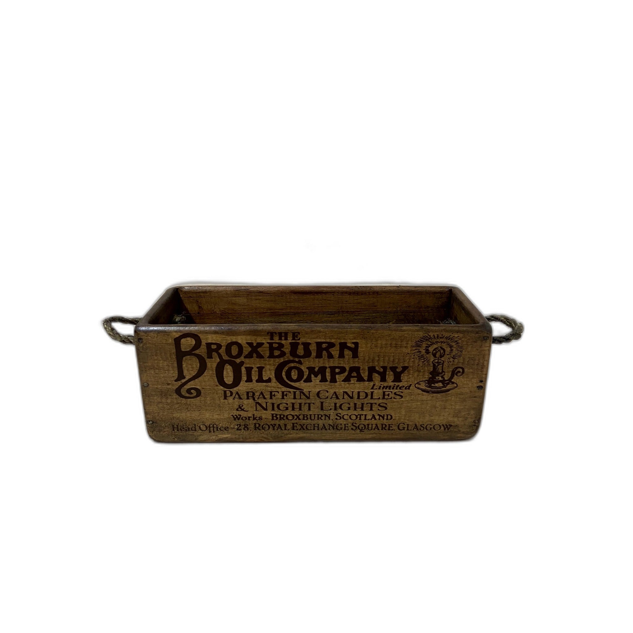 Broxburn Oil Co. hand-stencilled wooden storage box in pine, XS size