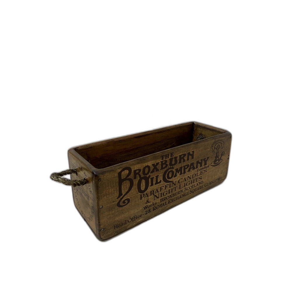 Broxburn Oil Co. hand-stencilled XS wooden storage box, angled view