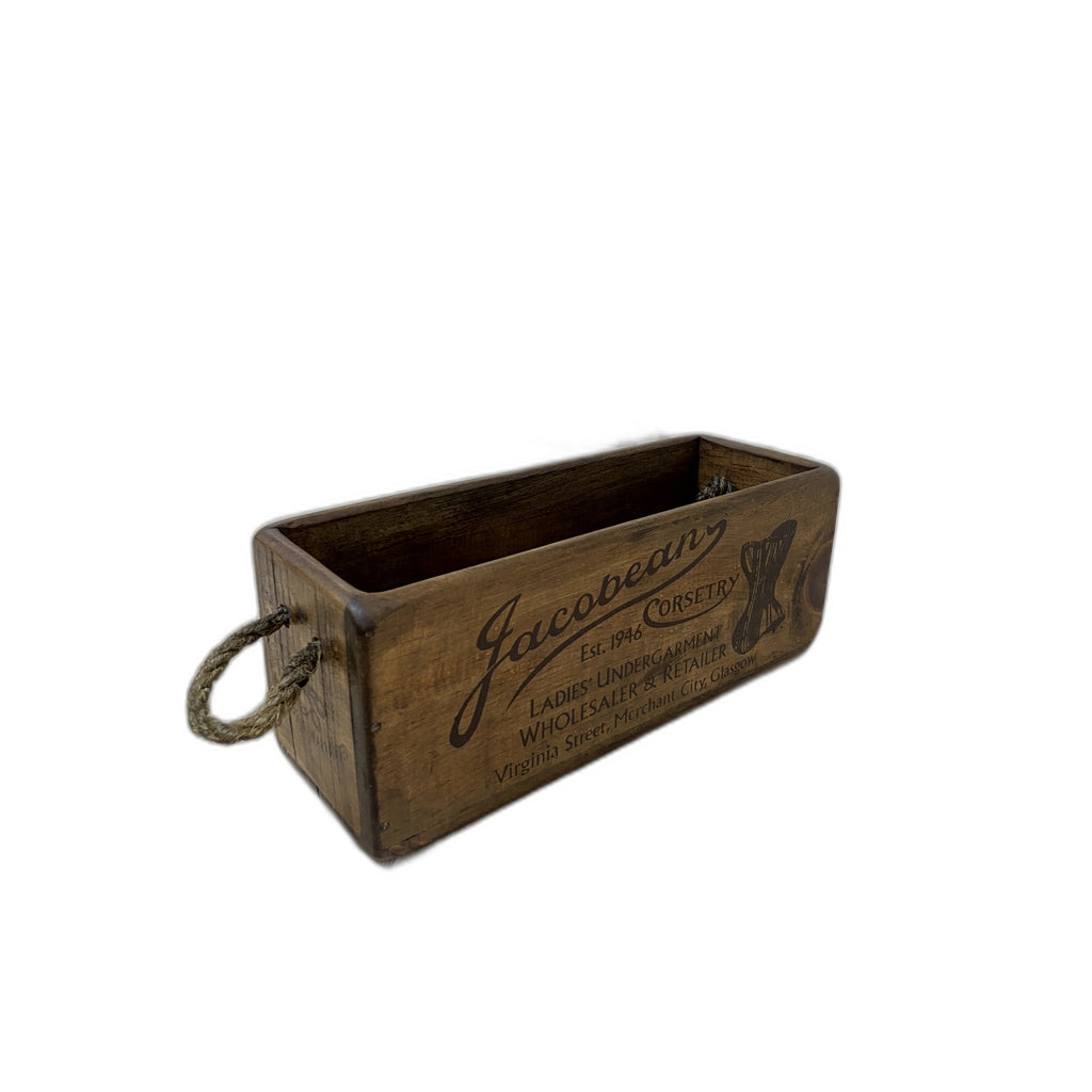 Jacobean Corsetry hand-stencilled XS wooden storage box, angled view