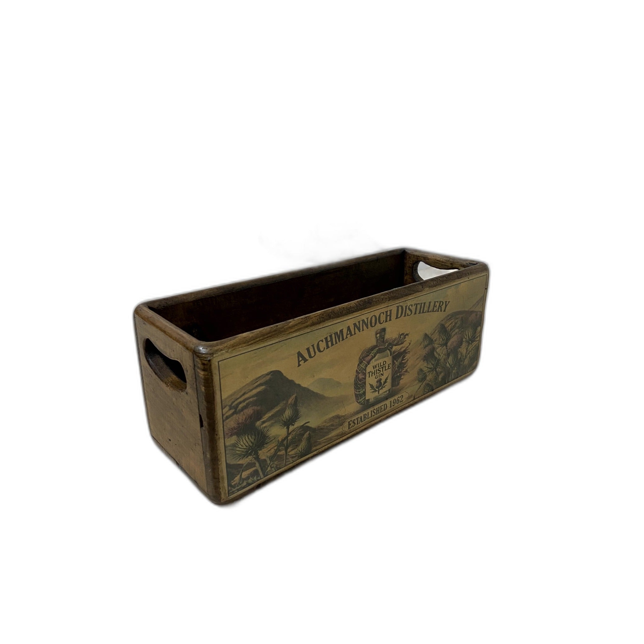 Wild Thistle Gin colour print wooden storage box in pine, XS size