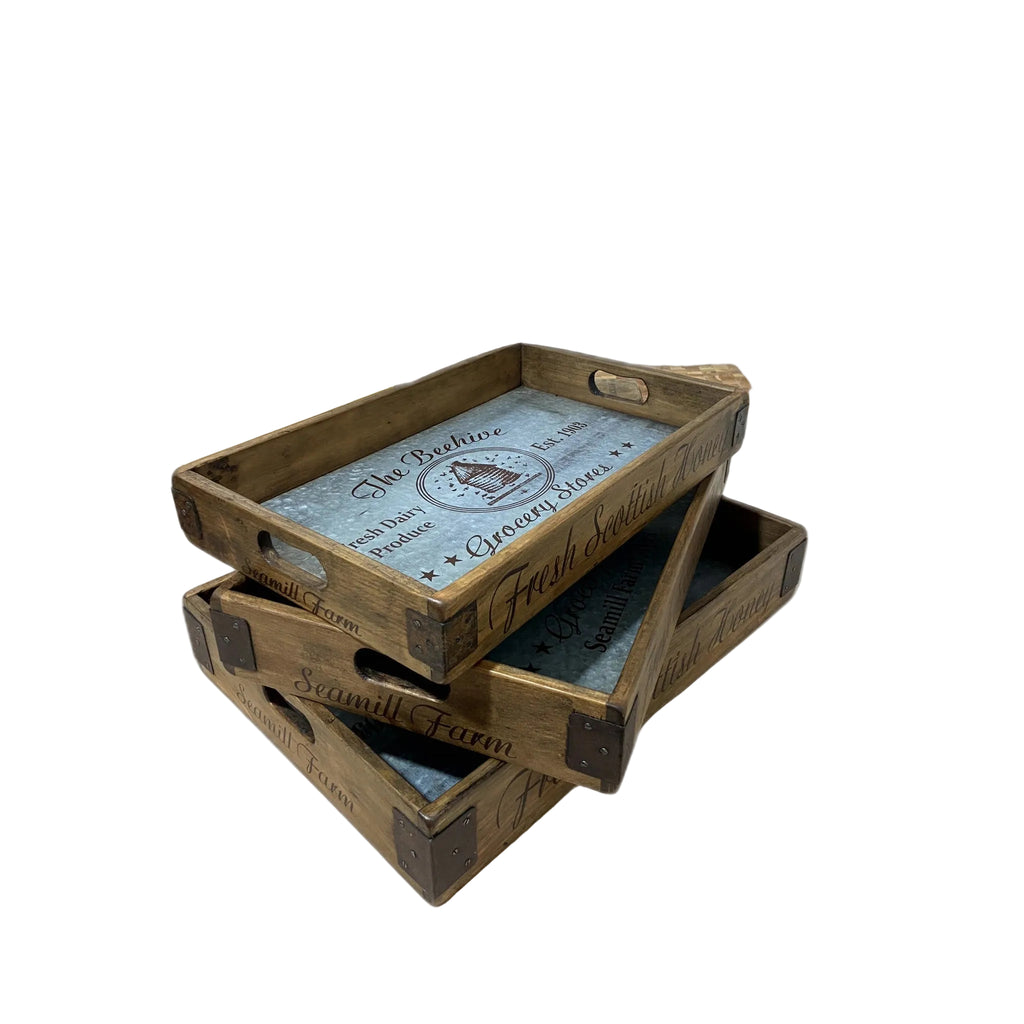 Zinc-lined wooden nesting tray with Beehive stencil design, large
