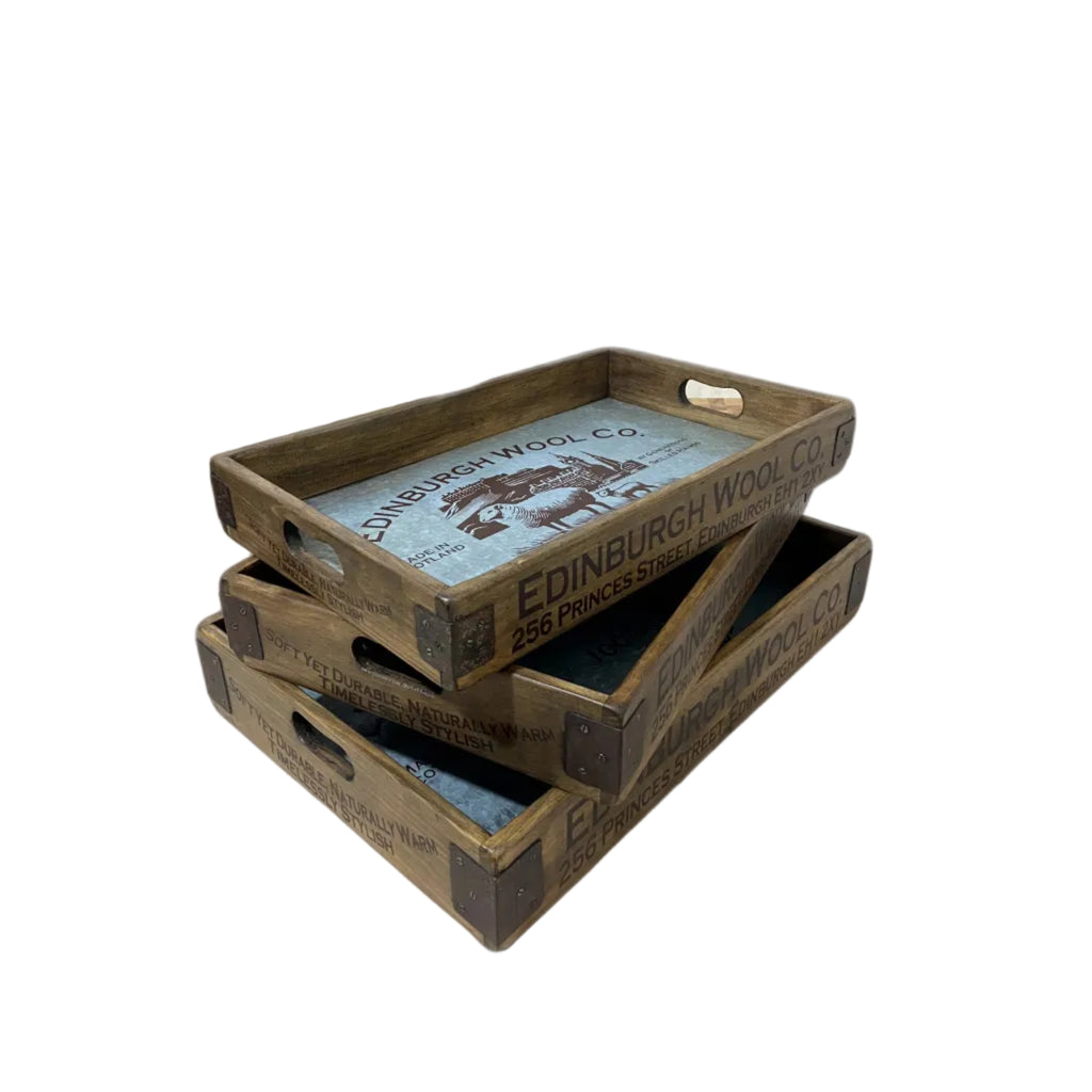 Zinc-lined wooden nesting tray with Edinburgh Wool stencil design, large