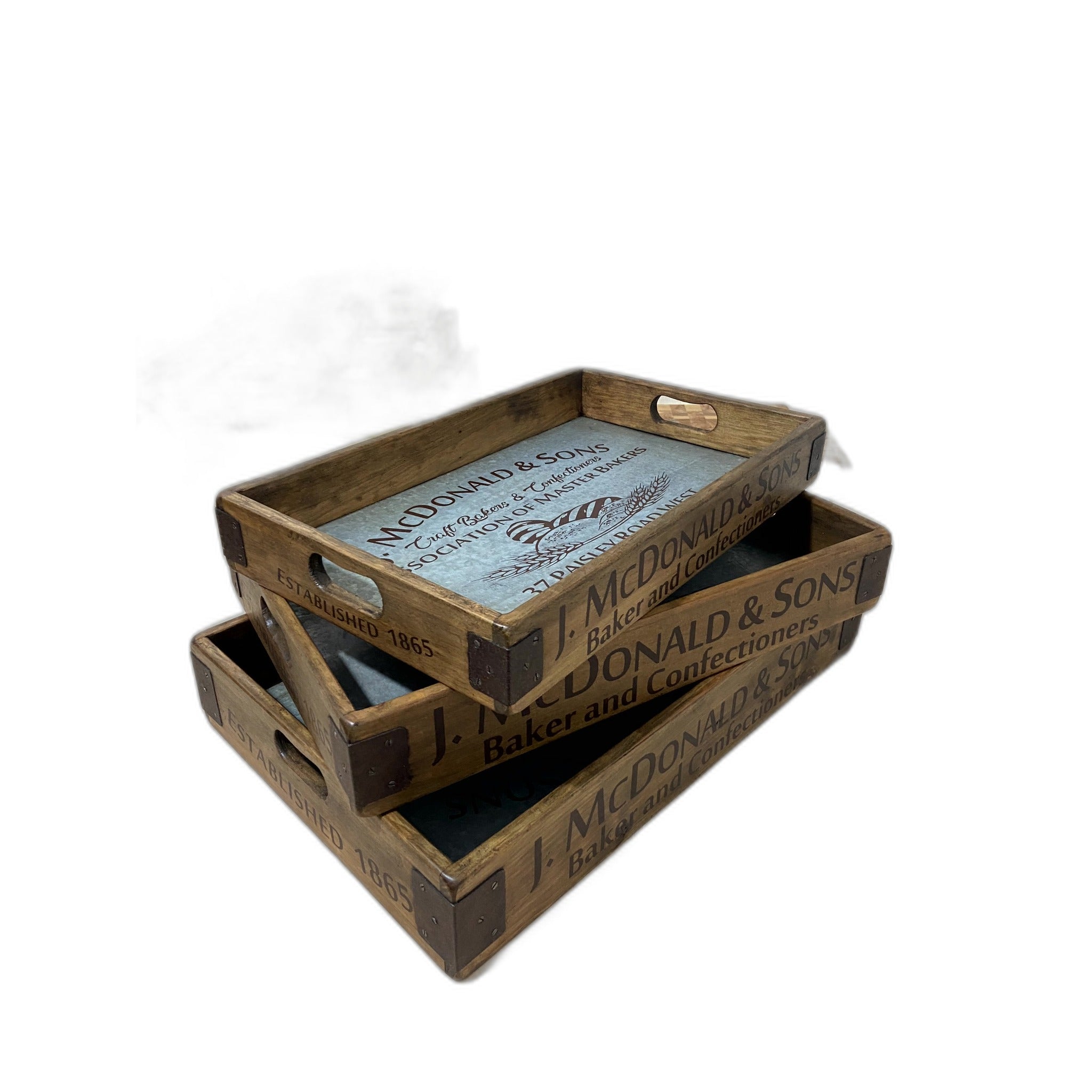 Zinc-lined wooden nesting tray with J. Macdonald stencil design, medium