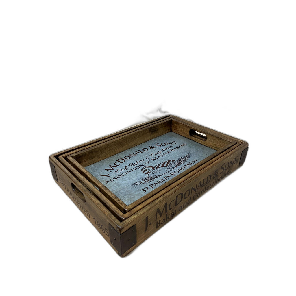 Zinc-lined wooden nesting trays with vintage J. Macdonald stencil design, small