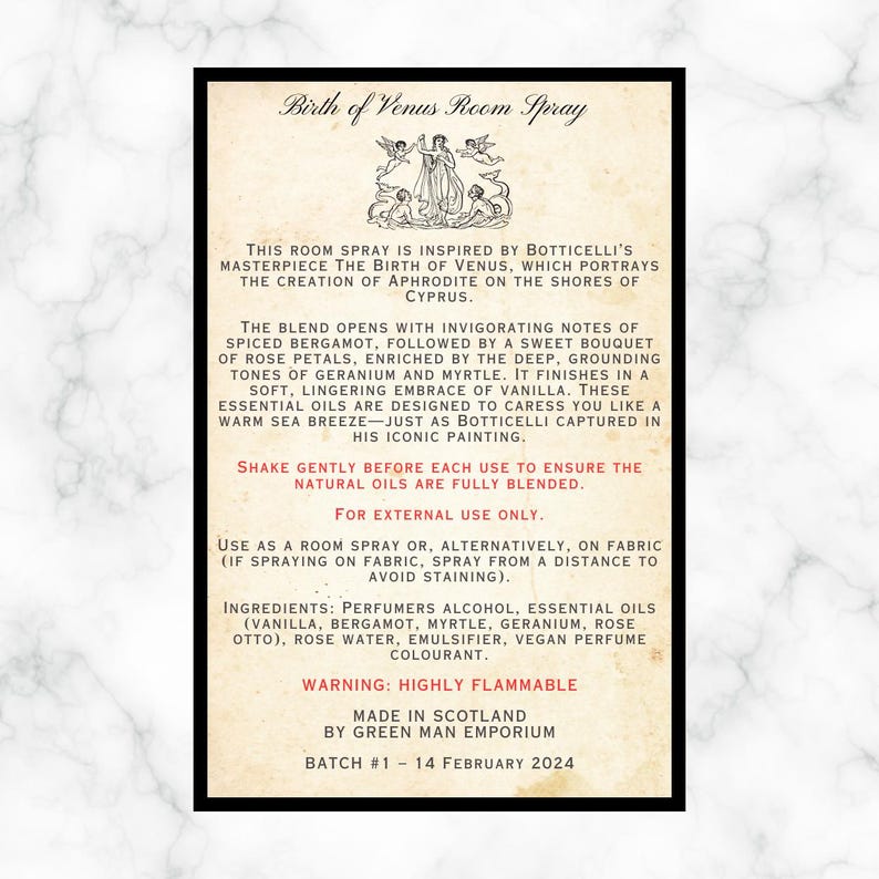 Birth of Venus room spray product label
